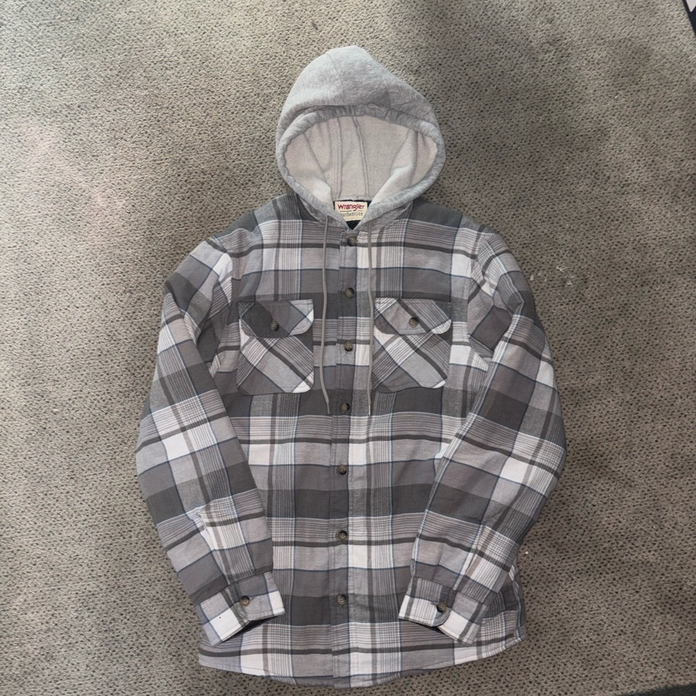 Wrangler Authentics Flannel Hooded Insulated Button-Up Jacket Mens S Gray
